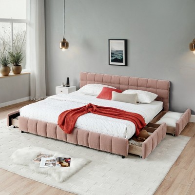 King Size Upholstered Platform Bed with Four Drawers, Headboard and Solid Frame