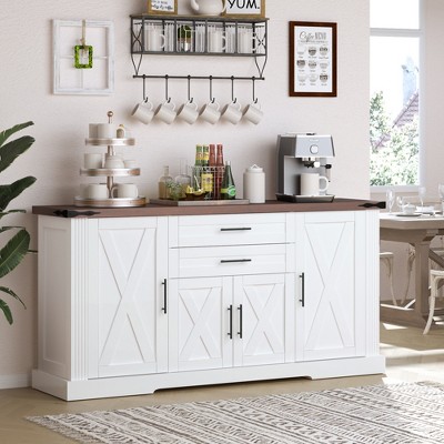KTMBDW Modern Farmhouse Sideboard Buffet Cabinet, Barn Doors Buffet Storage Cabinet with Drawers and Shelves, Wood Coffee Bar for Kitchen