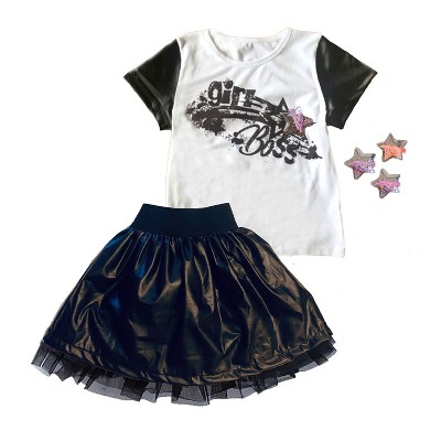 Mi Amore Gigi Little and Big Girls Graphic Interchangeable 3D Star Top & Faux Leather Skirt Set
