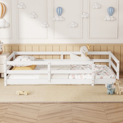CAVINAS Twin Size Wood Montessori Bed,Modern Floor Bed with Fence,Toddler Bed for Bedroom