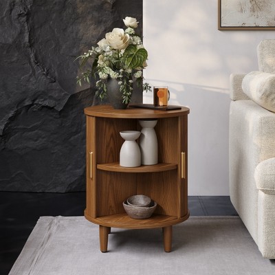 POVISON Modern Mid-Century Round Walnut Color Side Table with Sliding Tambour Door & Storage Shelf, Solid Wood Frame, and Metal Hardware Legs