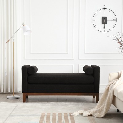 Upholstered Bench, Ottoman Bench with Wood Legs & Bolster Pillows For End Of Bed, Bedroom, Living Room, Entryway