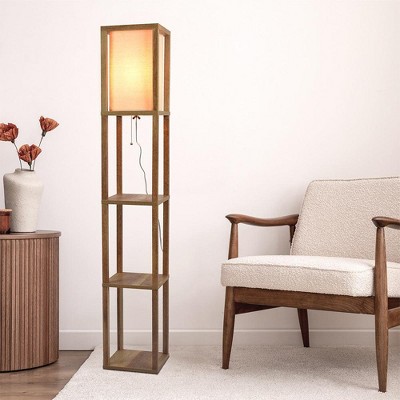 GDFStudio Tommy 62" Pull Chain Wood Floor Lamp with Shelves and Fabric Shade
