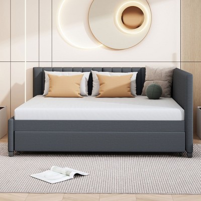 PAGED Full Size Linen Fabric Daybed Modern Wooden Bed Frame with 2 Drawers and Upholstered Backrest for Living Room