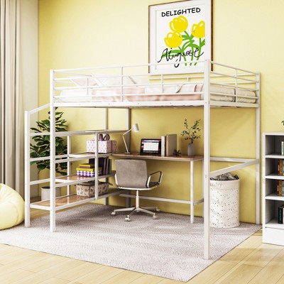 TIRAMISUBEST Full Size Loft Bed with Bulit-in Desk and Lateral Storage Ladder, Metal Loft Bedframe with Storage Steps and Guardrail