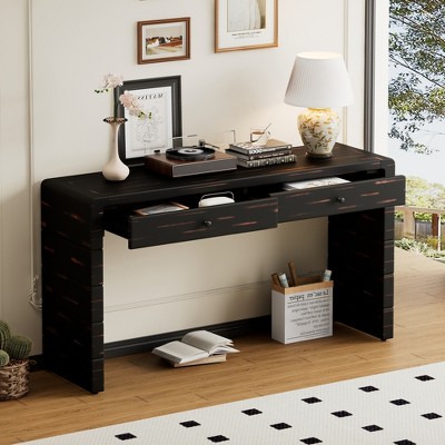 TIRAMISUBEST Curved Console Table with 2 Drawers, Farmhouse Wooden Entryway Table with Adjustable Feet