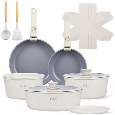 KOCH SYSTEME CS 17pcs Pots and Pans Set Non Stick, Nonstick Ceramic Cookware Set with Detachable Handle, Cream White