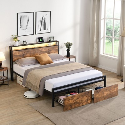 Gulches Queen Size Bed Frame with Storage Headboard and 2 Drawers,Mattress Foundation Strong Metal Slats Support No Box Spring Needed