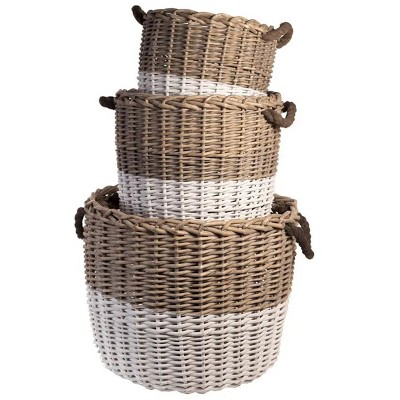 Slickblue Woven Willow Basket Set of 3, Brown and White Dipped, Rope Handle Design, Storage or Decor, Multi Size