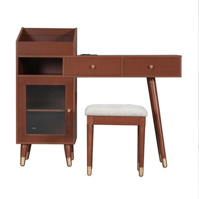 Gulches Modern Makeup Vanity Desk with Drawers, Cabinet & Charging Port, Space-saving Dressing Table Set with Stool for Small Places, Walnut