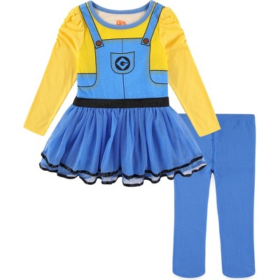 Universal Minions Girls 2 Piece Long Sleeve Glitter Tulle Dress and Footed Stockings for Toddlers