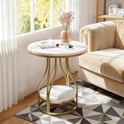 Gulches 2-Tier Round End Table (1PC, White+Gold), Modern Bedside/Couch Side Table with Metal Frame, Small Storage Table