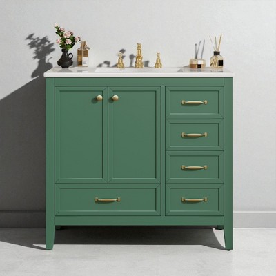 36" Bathroom Vanity with Ceramic Sink, 4 Drawers, 2 Doors, Soft-Close Storage,Freestanding Vanity