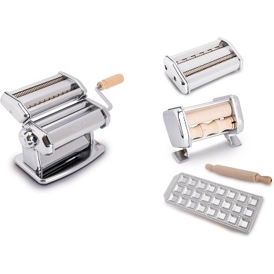 Imperia Pasta Maker Gift Set-Includes Pasta Machine, Ravioli Press, Rolling Pin, 2 Cutter Attachments for Adjustable Thicknesses-Steel Construction