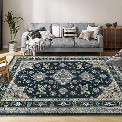 Traditional Medallion Border Area Rug, Washable Vintage Indoor Rug, Ultra-Thin Non-Slip Print Floor Carpet for Living Room Bedroom Kitchen Dining