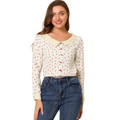 INSPIRE CHIC Women's Boat Neck Long Sleeve Heart Print Button Down Shirt