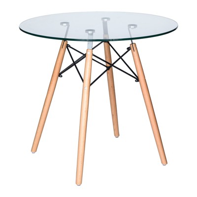 LeisureMod Dover Round Bistro 31" Dining Table – Glass/Wood Tabletop with Natural Wood Eiffel Base, Modern Kitchen, Dining Room, Cafe Table