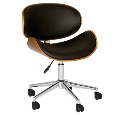 Daphne Faux Leather Chrome Office Chair Black/Walnut - Armen Living: Armless, 360 Swivel, Adjustable Height