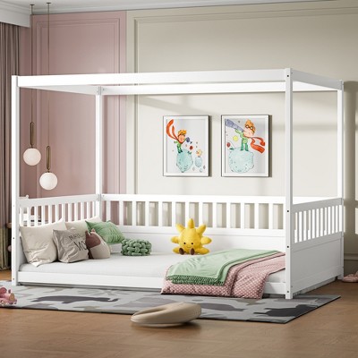 KTMBDW Twin/Full Size Canopy Bed Frame with 4 Posters and Guardrails, Twin Size Montessori Floor Bed with High Fence, Montessori Bed for Girls, Boys