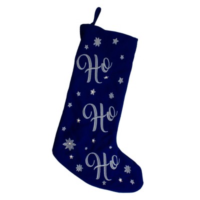 Northlight 18" LED Blue Stocking "Ho, Ho, Ho" with White Snowflakes