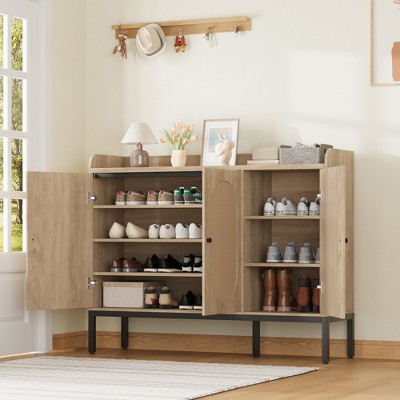 Shoe Cabinet with 3 Rattan Doors, Freestanding Shoe Storage Organizer with Adjustable Shelves, 7-Tier Shoe Storage Cabinet for Entryway, Living Room