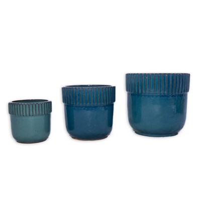 DSVIMOY 3PCS Ceramic Flowerpot, Modern Planter for Patio, Garden, Windowsill, Antique Blue, 15"*15"*14.2"