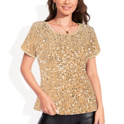Anna-Kaci Women's Short Sleeve Crew Neck All-Over Sequin Embellished Fashion Style Top Stylish Sparkling Blouse