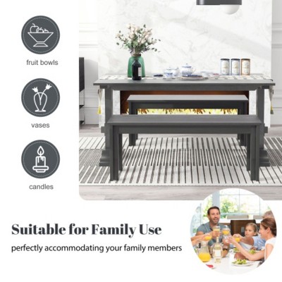 3-Piece Retro Dining Ensemble, Rectangular Trestle Table and 2 Wooden Benches, Suitable for Dining Rooms and Kitchens