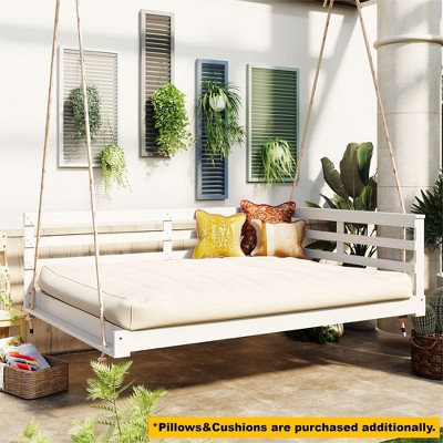 YOOCOZZ Acacia Wood Patio Open-Side Minimalist Design Full Size Porch Swing Bed with Hemp Ropes