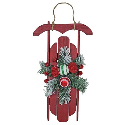 Good Tidings Holiday Red Sleigh w/ Frosted Christmas Swag Decoration , 17.5"