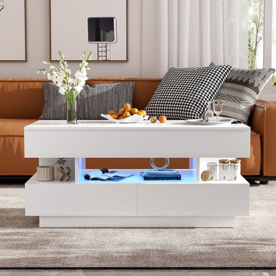 Okak Modern Lift-Top Coffee Table, 2 Hidden Drawers in High Gloss Finish, Rectangle Multi-Functional Accent Center Table for Living Room