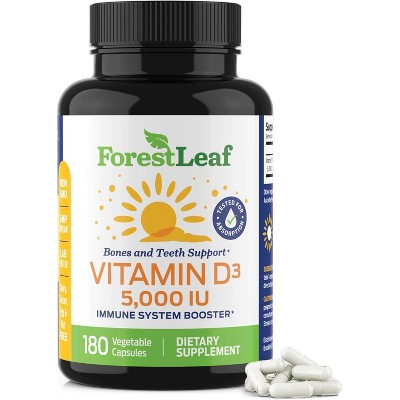 Forest Leaf Vitamin D3 5,000 IU - Bone Health and Immune Support, Small Easy-to-Swallow Capsules Vitamin D Supplements for Women and Men, 180 Caps