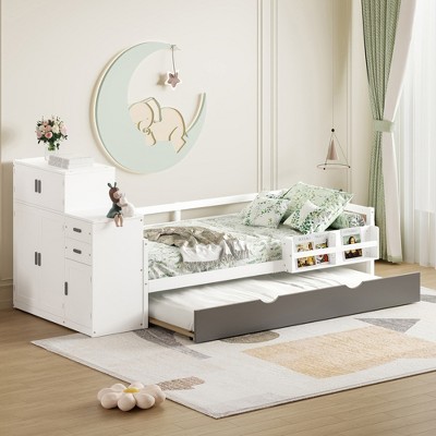 Twin Size Multifunctional Platform Bed Frame with Trundle, Bookshelf and Movable Wardrobe, White/Pink/Walnut-ModernLuxe
