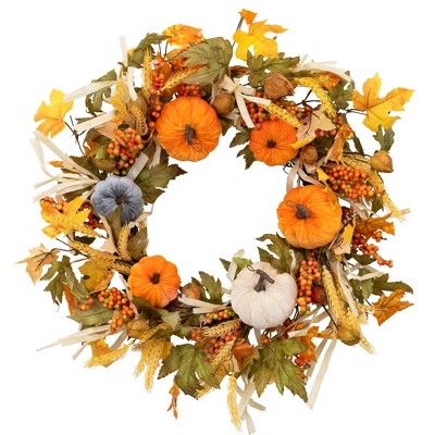 Northlight Velvet Pumpkins and Wheat Fall Harvest Artificial Wreath - 24"