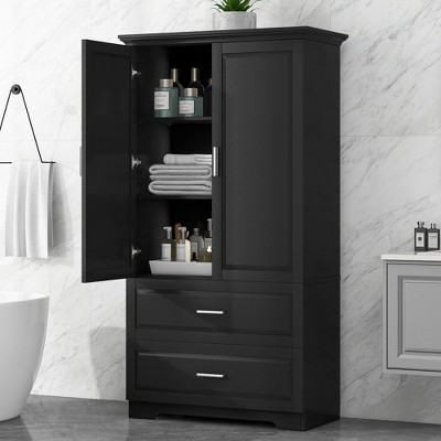 TIRAMISUBEST Tall Bathroom Storage Cabinet, Bathroom Floor Cabinet with 2 Doors and 2 Storage Drawers, Adjustable Shelf