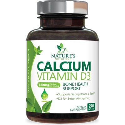 Calcium Supplement with Vitamin D - 1200 mg Calcium Carbonate with 1600 IU of D3 Vitamins - Bone Strength, Teeth - 240 Tablets By Nature's Nutrition