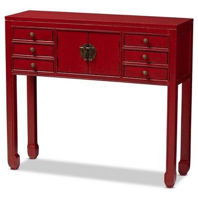 Melodie 6 Drawer Console Table Red - Baxton Studio: Antique-Inspired, Bayur Wood, Bronze Handles