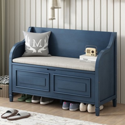 PAGED Storage Bench Modern Wooden Shoe Bench with Adjustable Shelves and Removable Linen Cushion for Mudroom, Bedroom, Entryway