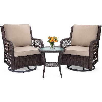 Acekool 3-Piece Swivel Rocking Chair Set - Outdoor Rattan with Side Table