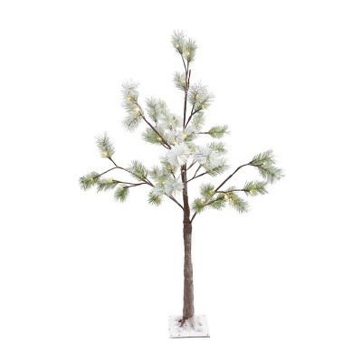 Season's Designs 4 Ft Snowy Pine Needle Branch Tree with Base Christmas Decor with 48 LED Warm White Flashing Lights for Indoor or Outdoor Use