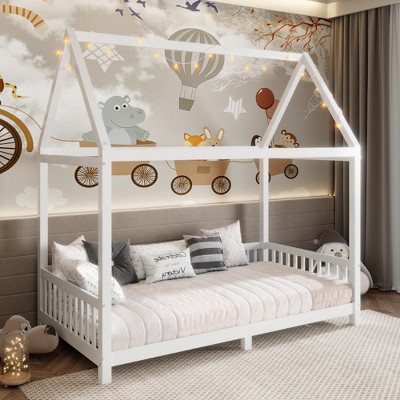 TIRAMISUBEST Twin/Full Size House Bed with Guardrail and LED Light, Solid Wood House Platform Bed with Roof Design for Kids