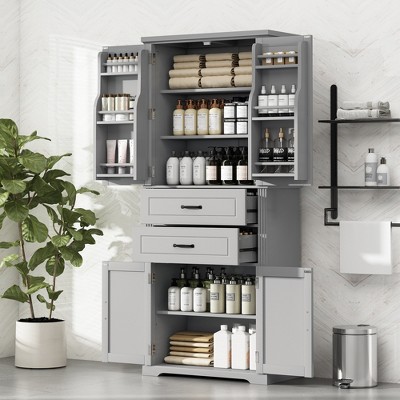 TIRAMISUBEST Bathroom Storage Cabinet with 2 Drawers with Slide Rails, Freestanding Bathroom Floor Cabinet with Adjustable Shelf and 4 Doors