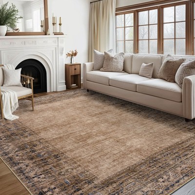 Washable Vintage Rug Non Slip Low Pile Rug Soft Throw Floor Cover Traditional Foldable Indoor Carpet for Living Room Bedroom Playroom Nursery