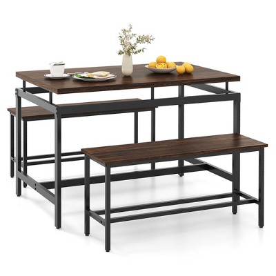 Tangkula 3 PCS Dining Table Set for 4 w/ 43" Wooden Kitchen Table 2 Benches Metal Frame