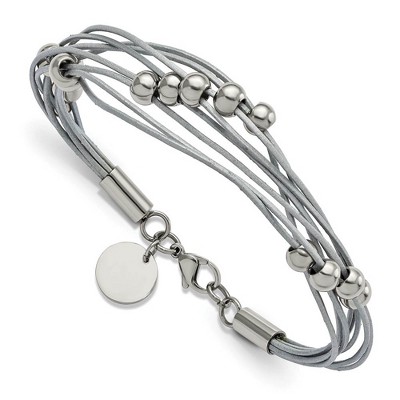 Black Bow Jewelry Multi Strand Pink or Gray Leather Stainless Steel Bead Bracelet, 8 In