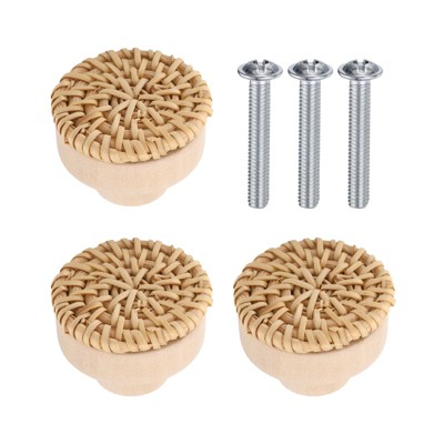 Unique Bargains Rattan Wood Handmade Dresser Cabinet Knobs with Screws