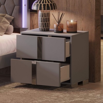 ORRD Grey Mirrored Nightstand with 2 Drawers & Metal Handles, Elegant Bedside Table for Bedroom or Living Room, Modern Glam Accent Cabinet