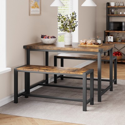 Dining Table Set for 4, Kitchen Table with Benches, Rectangular Dining Room Table Set with 2 Upholstered Benches, 3 Piece Dining Table Set