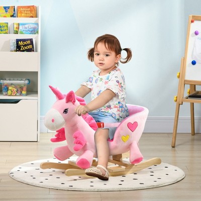 Whisen Plush Unicorn Rocking Horse with 32 Songs, Safety Seat Belt, Handles, Footrests, Rocker Toy Gift for Toddlers - Pink