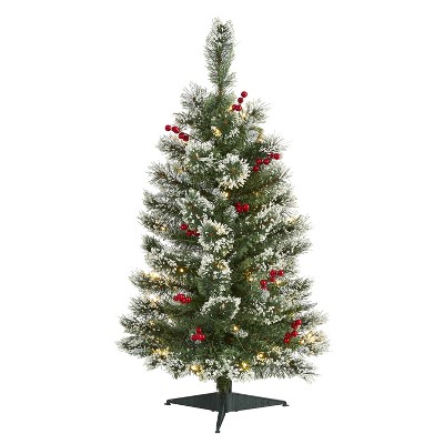 3ft. Frosted Pine Artificial Christmas Tree with 50 Clear LED Lights & Berries – Compact Festive X-Mas Décor